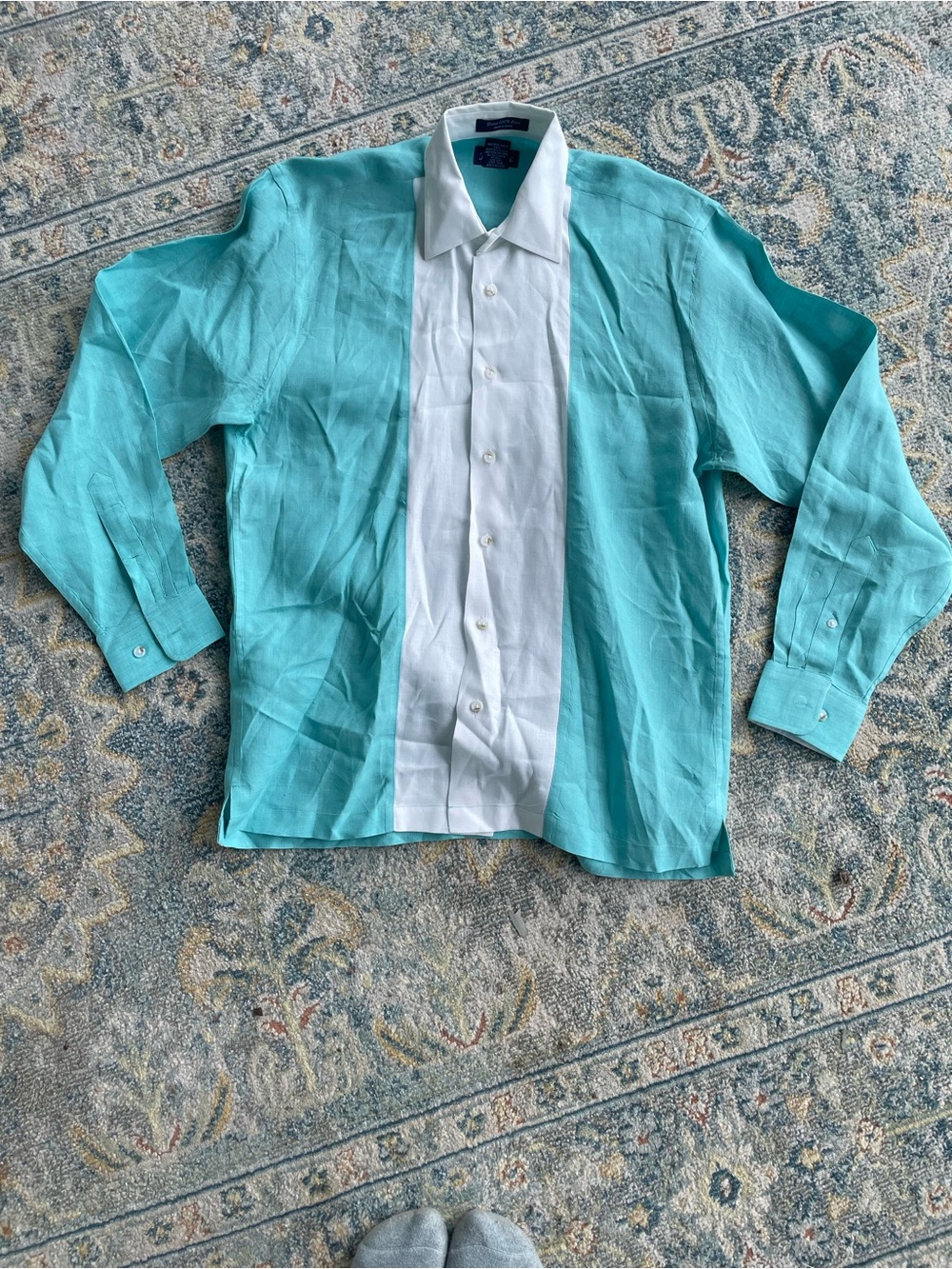 Paul Fredrick Turquoise and White Linen Button-Down Shirt
